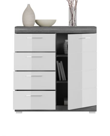 Kommode Shawn in wei� Hochglanz und Rauchsilber grau Sideboard 80 x 85 cm