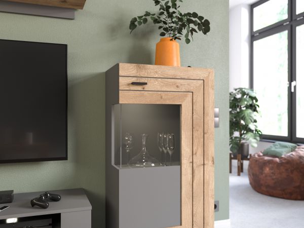 Highboard Freno in Nox Eiche und Basalt grau matt Wohn- und Esszimmer Anrichte 120 x 117 cm