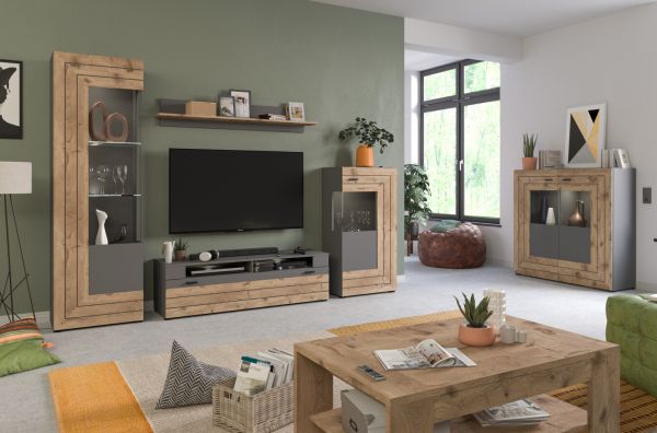 Highboard Freno in Nox Eiche und Basalt grau matt Wohn- und Esszimmer Anrichte 120 x 117 cm