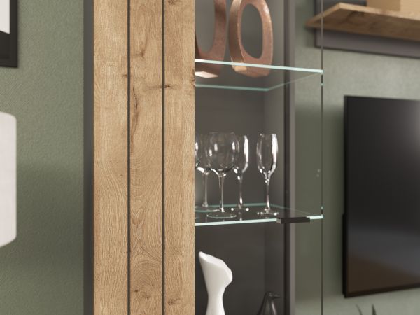 Vitrine Freno in Nox Eiche und Basalt grau matt Wohn- und Esszimmer Standvitrine mit LED Beleuchtung 60 x 194 cm