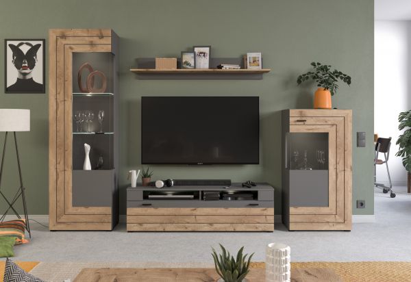 Vitrine Freno in Nox Eiche und Basalt grau matt Wohn- und Esszimmer Standvitrine mit LED Beleuchtung 60 x 194 cm