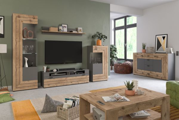 Vitrine Freno in Nox Eiche und Basalt grau matt Wohn- und Esszimmer Standvitrine mit LED Beleuchtung 60 x 194 cm