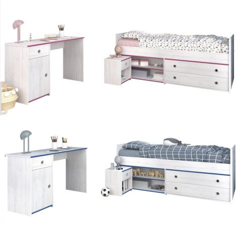 Parisot Kinder- und Jugendzimmer Smoozy27 in wei� Kiefer mit blau oder pink Komplett-Set 3-teilig