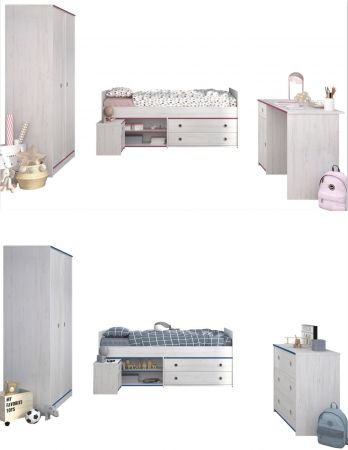 Parisot Kinder- und Jugendzimmer Smoozy26 in wei� Kiefer mit blau oder pink Komplett-Set 4-teilig