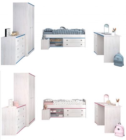 Parisot Kinder- und Jugendzimmer Smoozy36 in wei� Kiefer mit blau oder pink Komplett-Set 5-teilig