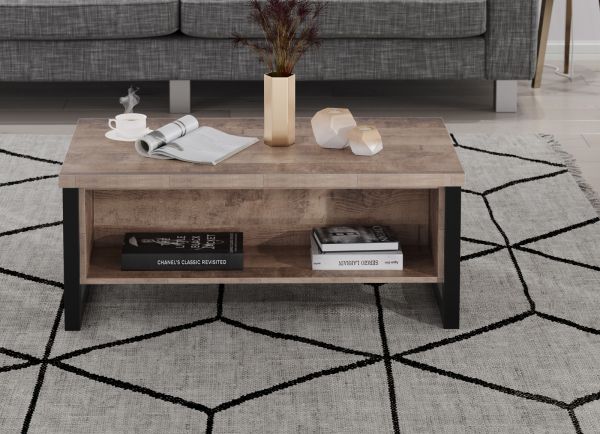 Couchtisch Concrete in Eiche Tabak und schwarz Beistelltisch mit Ablage 110 x 65 cm