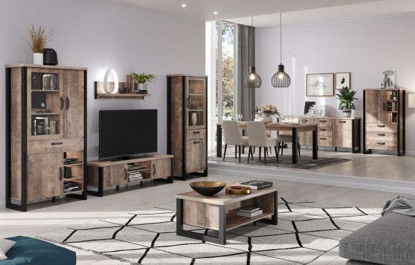 Couchtisch Concrete in Eiche Tabak und schwarz Beistelltisch mit Ablage 110 x 65 cm