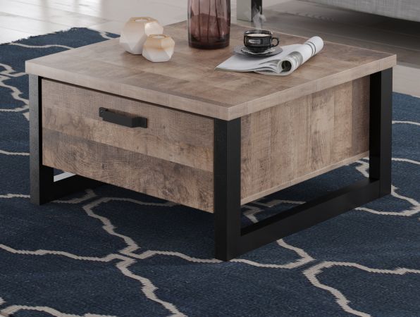 Couchtisch Concrete in Eiche Tabak und schwarz Beistelltisch mit 2 x Schubkasten 80 x 80 cm