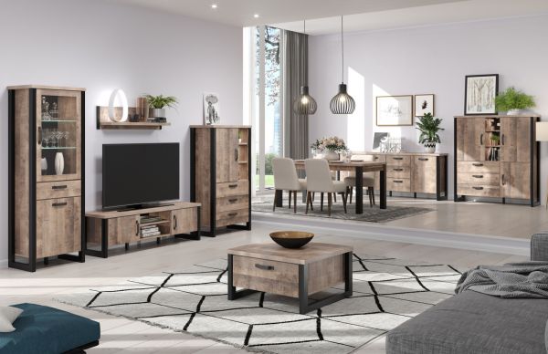 Couchtisch Concrete in Eiche Tabak und schwarz Beistelltisch mit 2 x Schubkasten 80 x 80 cm