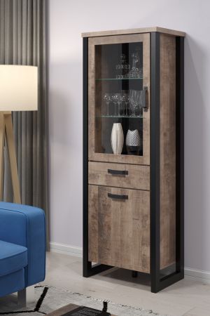 Vitrine Concrete in Eiche Tabak und schwarz Wohn- und Esszimmer Vitrinenschrank 70 x 195 cm