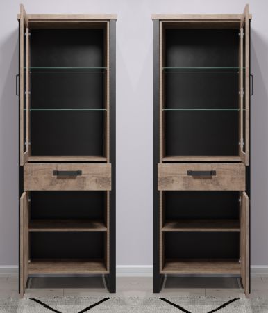 Vitrine Concrete in Eiche Tabak und schwarz Wohn- und Esszimmer Vitrinenschrank 70 x 195 cm