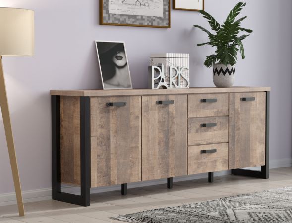 Sideboard Concrete in Eiche Tabak und schwarz Wohn- und Esszimmer Kommode 214 x 86 cm