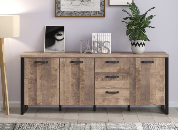 Sideboard Concrete in Eiche Tabak und schwarz Wohn- und Esszimmer Kommode 214 x 86 cm