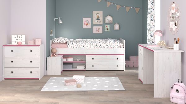 Parisot Kinder- und Jugendzimmer Smoozy37 in wei� Kiefer mit blau oder pink Komplett-Set 4-teilig