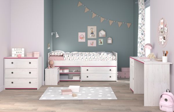 Parisot Kinder- und Jugendzimmer Smoozy37 in wei� Kiefer mit blau oder pink Komplett-Set 4-teilig