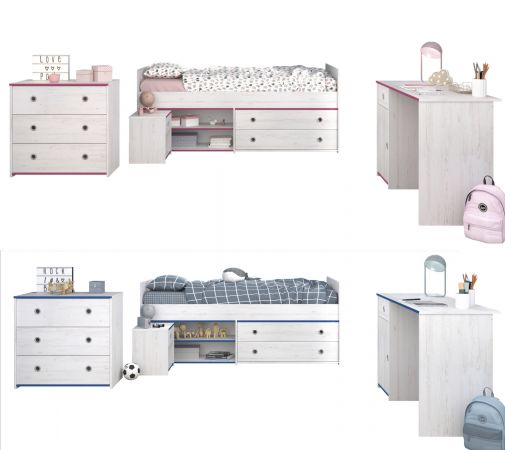 Parisot Kinder- und Jugendzimmer Smoozy37 in wei� Kiefer mit blau oder pink Komplett-Set 4-teilig