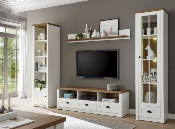 Vitrine Seyne in wei� Pinie und Eiche hell Landhaus Vitrinenschrank 50 x 198 cm