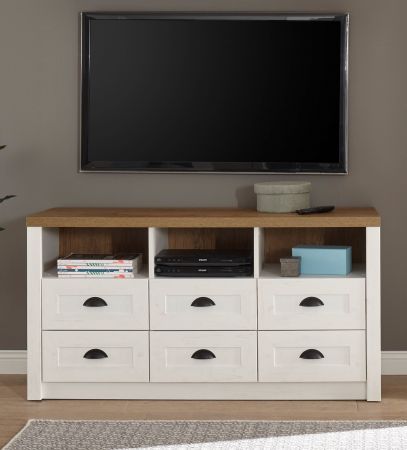 TV-Lowboard Seyne in wei� Pinie und Eiche hell Landhaus TV Unterteil mit Komforth�he 130 x 68 cm