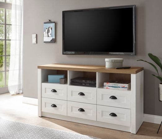 TV-Lowboard Seyne in wei� Pinie und Eiche hell Landhaus TV Unterteil mit Komforth�he 130 x 68 cm
