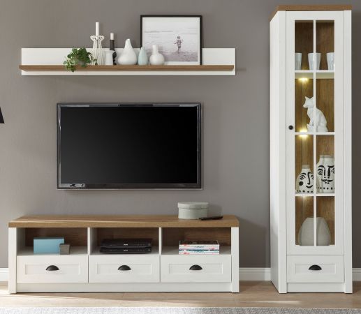 Wohnwand Seyne in wei� Pinie und Eiche hell Landhaus Wohnkombination 3-teilig 230 x 198 cm