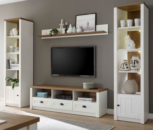 Wohnwand Seyne in wei� Pinie und Eiche hell Landhaus Wohnkombination 4-teilig 300 x 198 cm