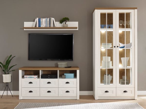 Wohnwand Seyne in wei� Pinie und Eiche hell Landhaus Wohnkombination 3-teilig 240 x 198 cm