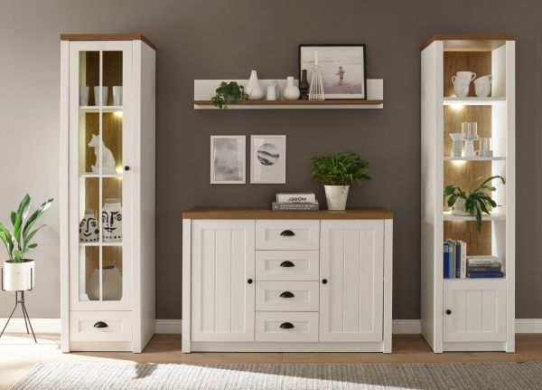 Wohnwand Seyne in wei� Pinie und Eiche hell Landhaus Wohnkombination 4-teilig 270 x 198 cm