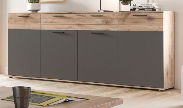 Sideboard Tomaso in Nox Eiche und Basalt Grau, 4-t�rige Kommode 200 x 91 cm mit Soft-Close