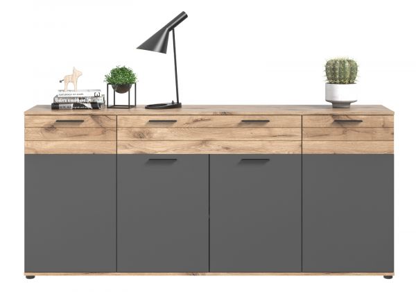 Sideboard Tomaso in Nox Eiche und Basalt Grau, 4-t�rige Kommode 200 x 91 cm mit Soft-Close