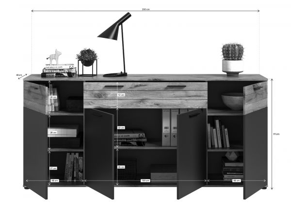 Sideboard Tomaso in Nox Eiche und Basalt Grau, 4-t�rige Kommode 200 x 91 cm mit Soft-Close