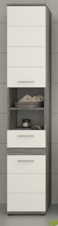 Badezimmer Hochschrank Bailey in wei� Hochglanz und Rauchsilber grau Badschrank 35 x 191 cm