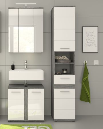 Badezimmer Hochschrank Bailey in wei� Hochglanz und Rauchsilber grau Badschrank 35 x 191 cm