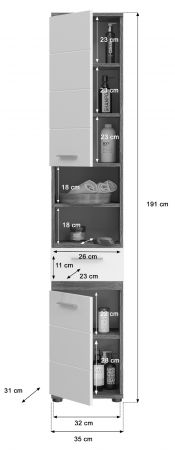 Badezimmer Hochschrank Bailey in wei� Hochglanz und Rauchsilber grau Badschrank 35 x 191 cm