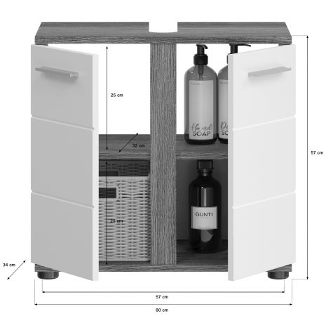 Waschbeckenunterschrank Bailey in wei� Hochglanz und Rauchsilber grau Badezimmer Unterschrank 60 cm