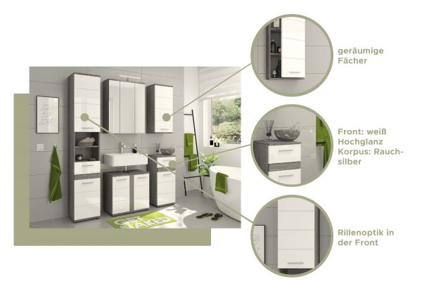 Badezimmer H�ngeschrank Bailey in wei� Hochglanz und Rauchsilber grau Badschrank 35 x 77 cm