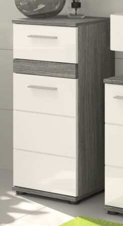 Badezimmer Kommode Bailey in wei� Hochglanz und Rauchsilber grau Badschrank 35 x 79 cm