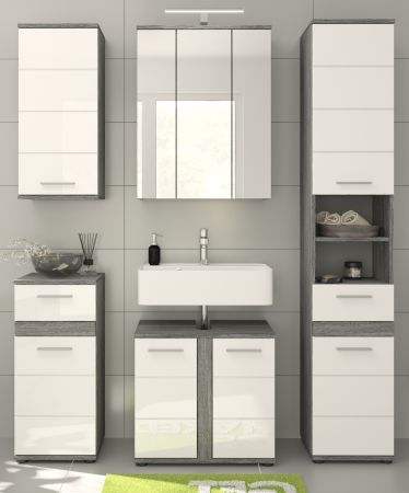 Badm�bel Set 5-teilig Bailey in wei� Hochglanz und Rauchsilber grau Badkombination 164 x 191 cm