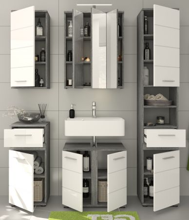 Badm�bel Set 5-teilig Bailey in wei� Hochglanz und Rauchsilber grau Badkombination 164 x 191 cm
