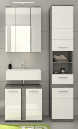 Badm�bel Set 3-teilig Bailey in wei� Hochglanz und Rauchsilber grau Badkombination 114 x 191 cm