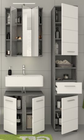 Badm�bel Set 3-teilig Bailey in wei� Hochglanz und Rauchsilber grau Badkombination 114 x 191 cm