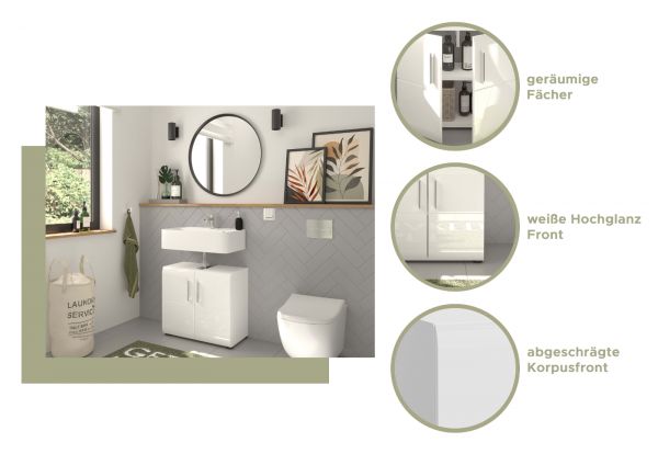Waschbeckenunterschrank Hunter in wei� Hochglanz Badezimmer Unterschrank 60 x 54 cm