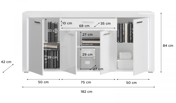 Sideboard Sunroof in wei� Hochglanz Kommode inklusive Beleuchtung 182 x 84 cm, Soft-Close