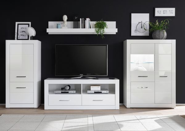 TV-Lowboard Carrara in wei� Hochglanz TV Unterteil in Komforth�he auf Rollen 150 x 61 cm