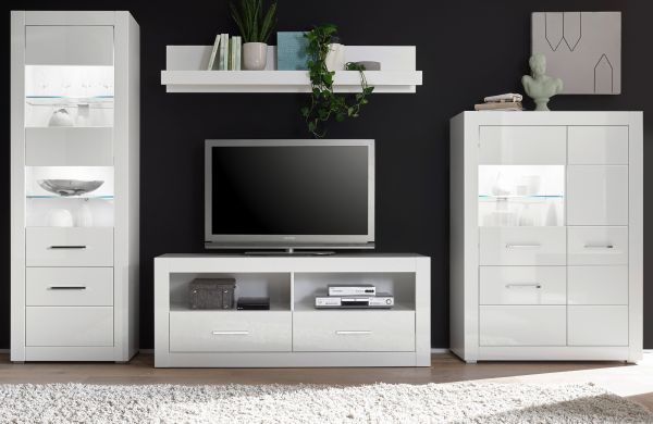 Wohnwand Carrara in wei� Hochglanz Wohnkombination 4-teilig 335 x 198 cm