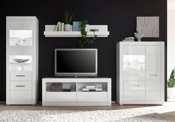 Wohnwand Carrara in wei� Hochglanz Wohnkombination 4-teilig 335 x 198 cm