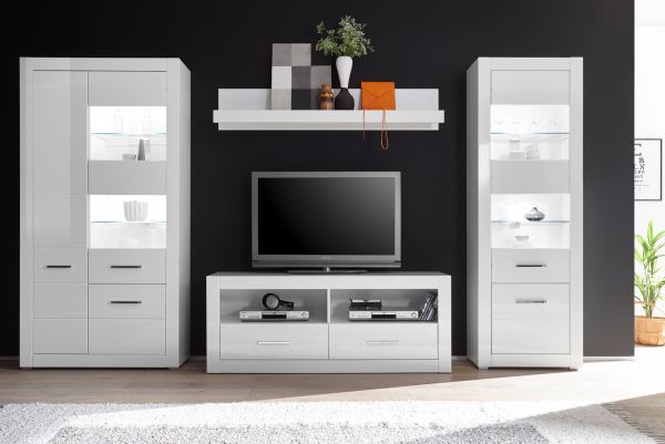 Wohnwand Carrara in wei� Hochglanz Wohnkombination 4-teilig 335 x 198 cm