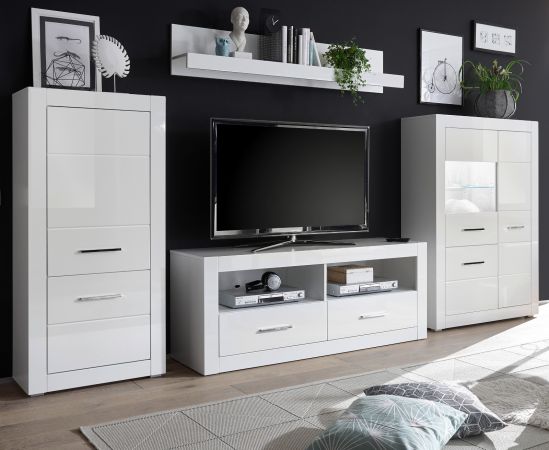 Wohnwand Carrara in wei� Hochglanz Wohnkombination 4-teilig 335 x 170 cm