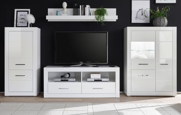 Wohnwand Carrara in wei� Hochglanz Wohnkombination 4-teilig 335 x 170 cm