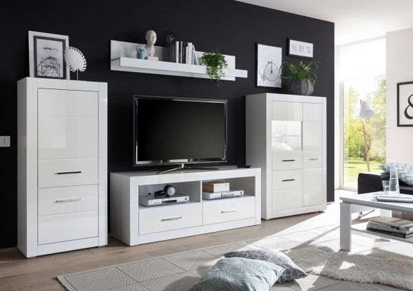 Wohnwand Carrara in wei� Hochglanz Wohnkombination 4-teilig 335 x 170 cm