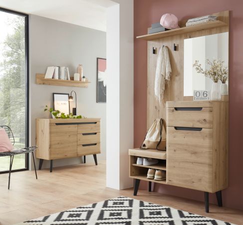 Garderobe Set 3-teilig Ronson in Artisan Eiche und schwarz Garderobenkombination skandinavisch 232 x 200 cm